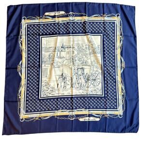 Gini Renoir silky scarf square navy blue gold buckles chain classic vintage